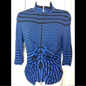 JOSEPH RIBKOFF Striped Jacket Coat Cardigan Blue Black Ruched Gathered Front Zip